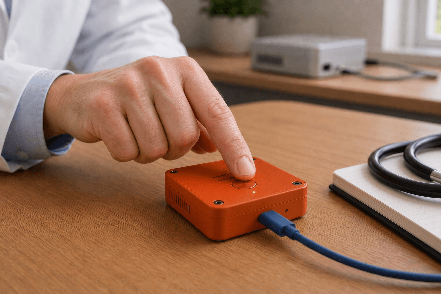 Provider pressing the circular record button on an orange Basis room mic capture device.