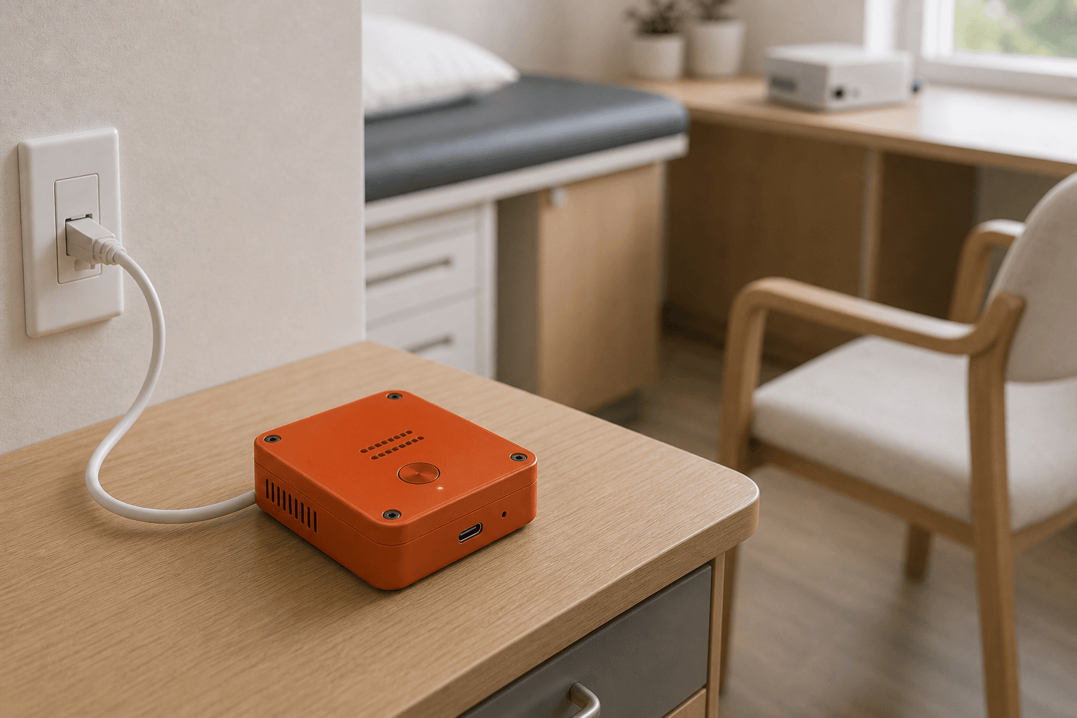 Basis voice device on a side table in an exam room