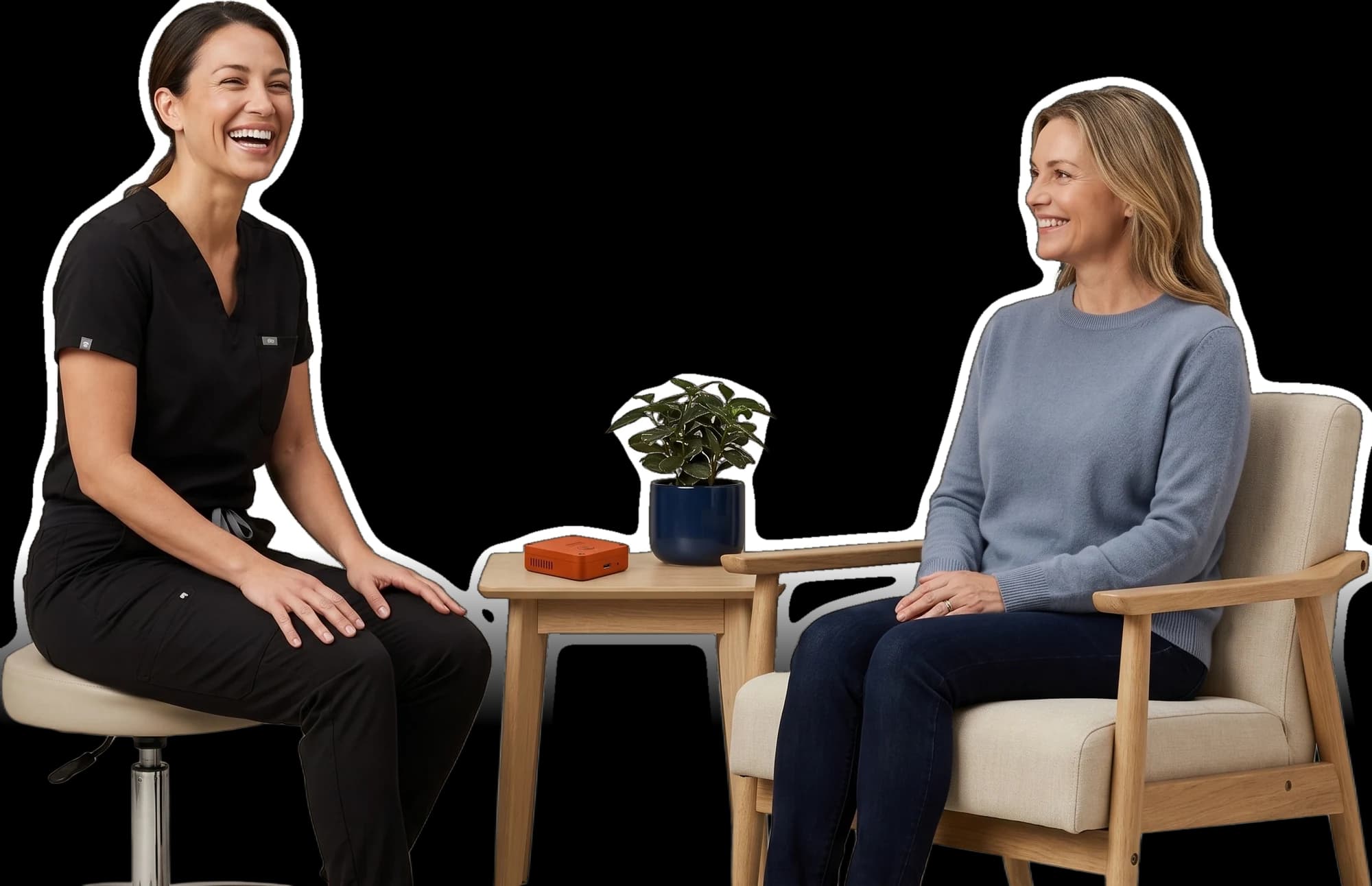 Close view of a clinician and patient in conversation